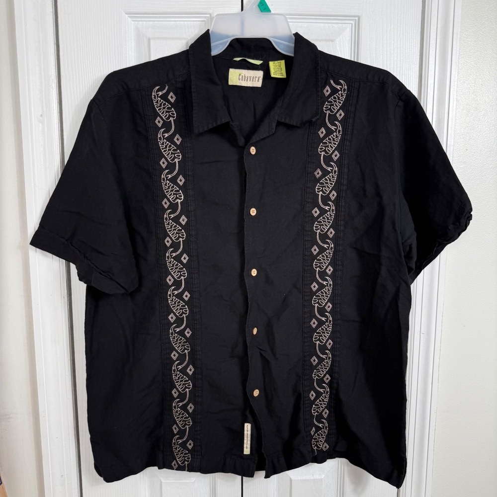 Cubavera Guayabera Shirt XL Black Embroidered Linen Blend Tropical Coastal Style